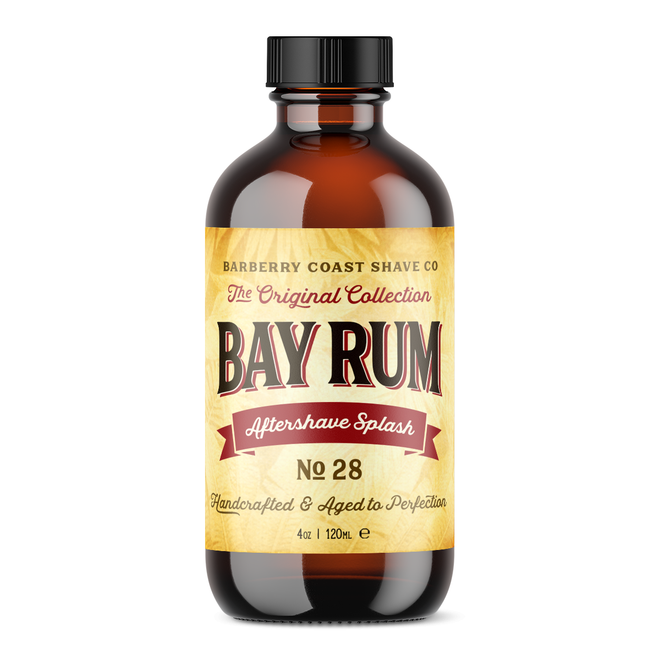 Bay Rum Aftershave Splash No. 28 with Authentic Dominica Bay Leaf Oil (Pimenta Racemosa). Handcrafted and Aged to Perfection. Standard 4oz amber bottle with reducer.