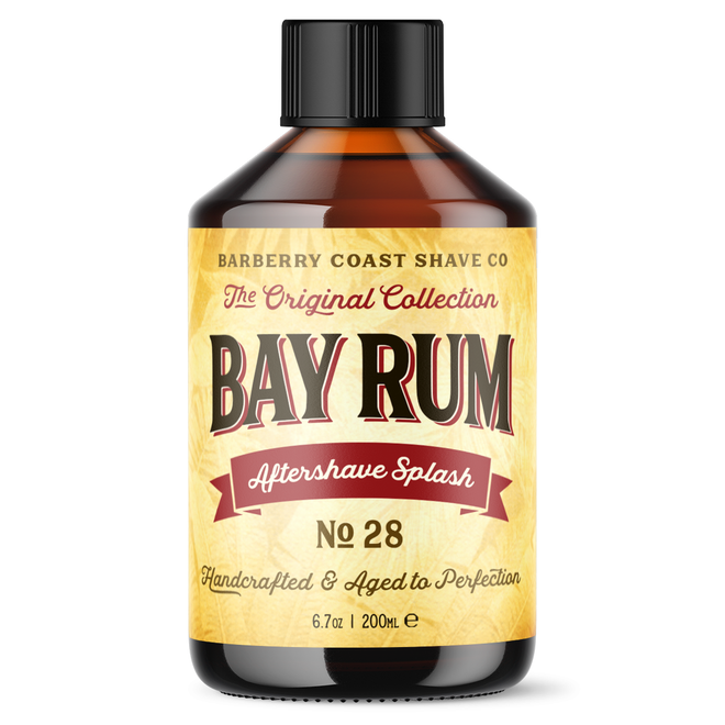 Bay Rum Aftershave Splash No. 28 with Authentic Dominca Bay Leaf Oil (Pimenta Racemosa). Handcrafted and Aged to Perfection. Large 6.7oz amber bottle with reducer.