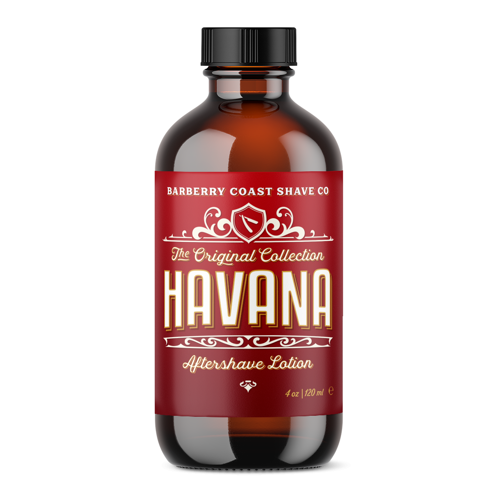 A bottle of Barberry Coast Shave Co. Havana Aftershave Lotion, with a red label and amber glass.