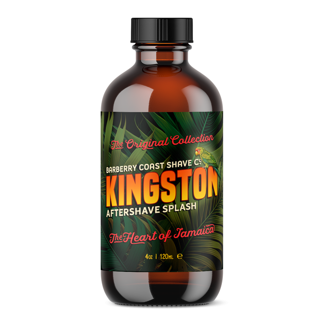 Kingston Aftershave Splash - 4 ounce clear amber apothecary style bottle with a black cap and reducer on a white background