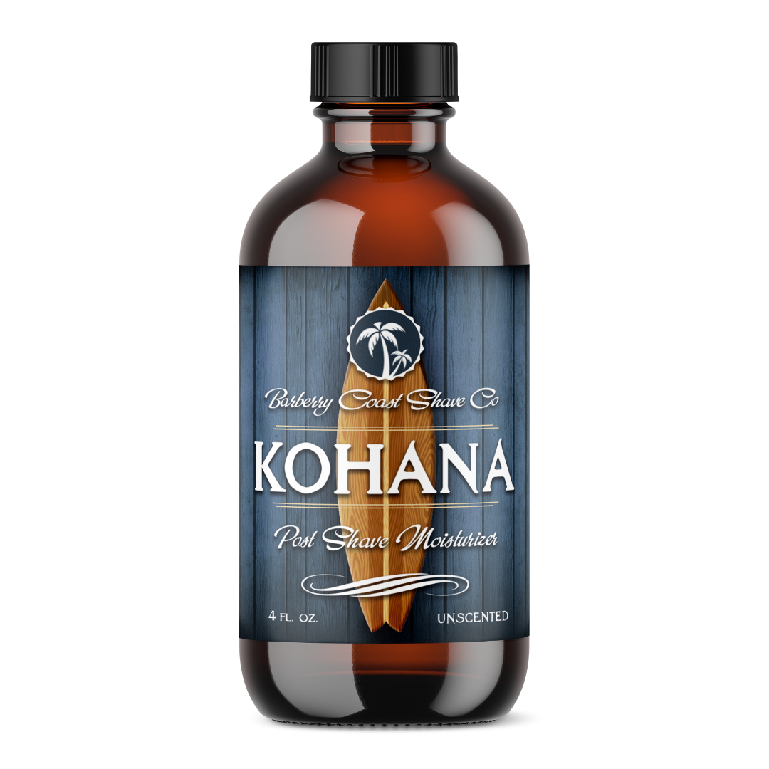 A clear amber glass bottle of Kohana Unscented 2-In-1 Aftershave Lotion & Daily Moisturizer with a black cap and a label featuring a palm tree and the brand name Kohana.