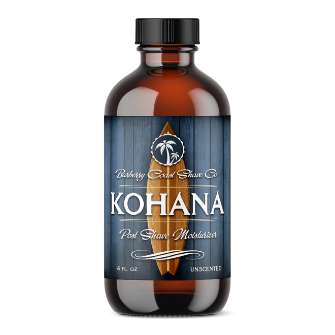 A clear amber glass bottle of Kohana Unscented 2-In-1 Aftershave Lotion & Daily Moisturizer with a black cap and a label featuring a palm tree and the brand name Kohana.