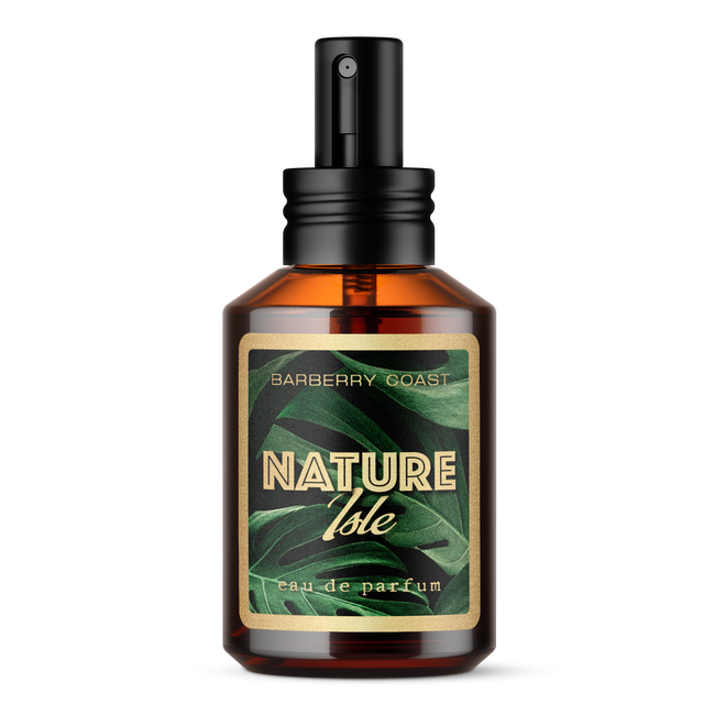 Nature Isle Eau de Parfum Cologne. Clear amber colored bottle with a black atomizer and cap. Label is green with monstera leaves and text "Nature Isle eau de parfum"