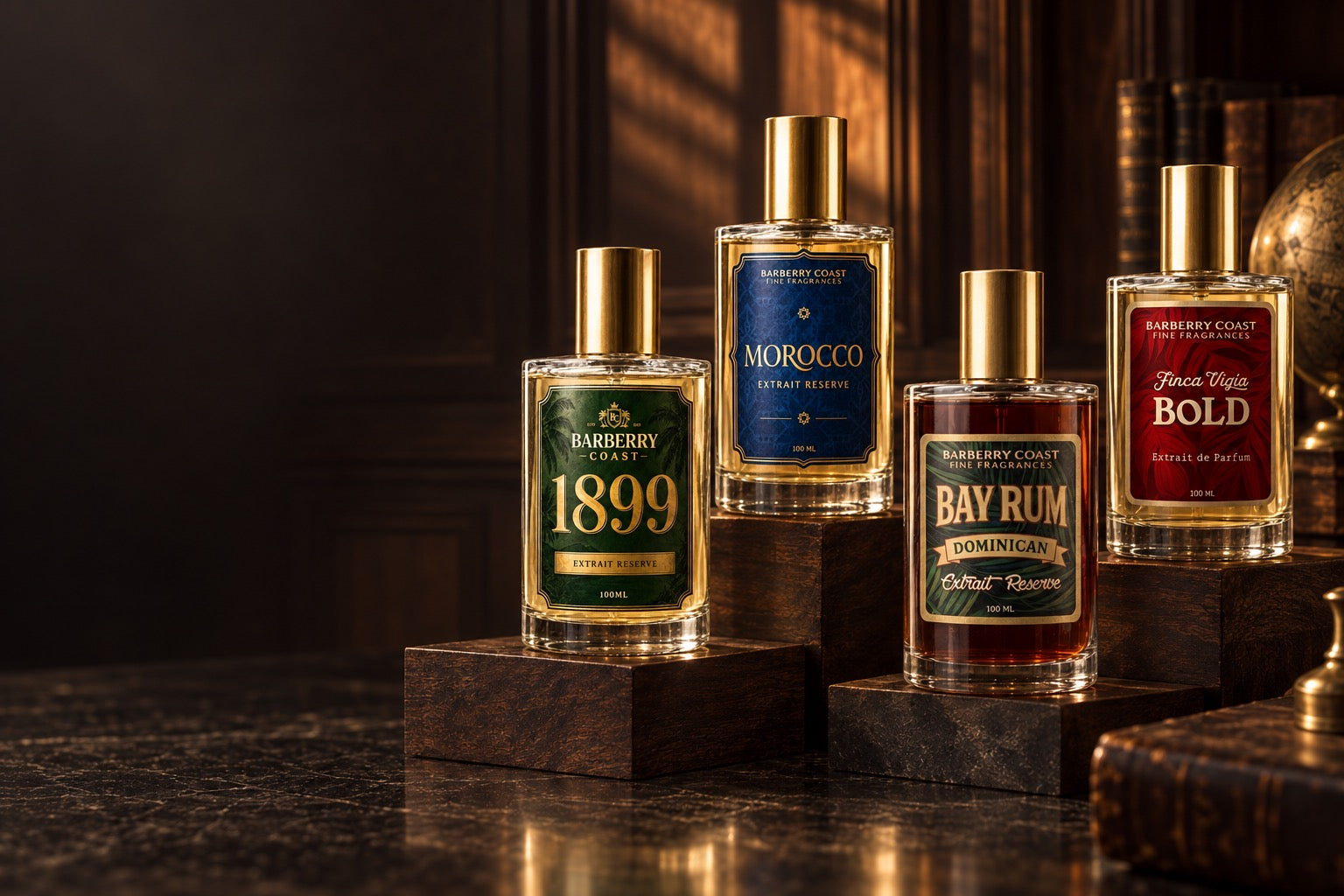 The four Barberry Coast 100 ml extrait fragrances on dark wooden plinths
